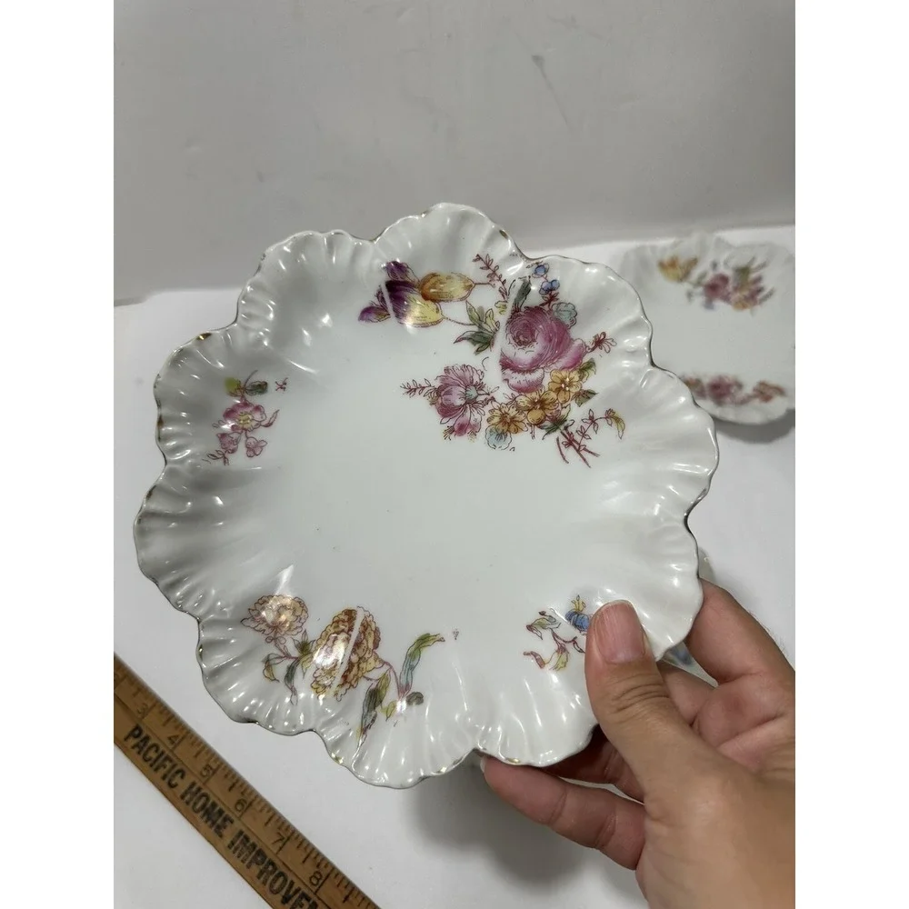 LIMOGES France Set 4 Salad/Dessert Plates Pink Flowers Scalloped Rim 6.5